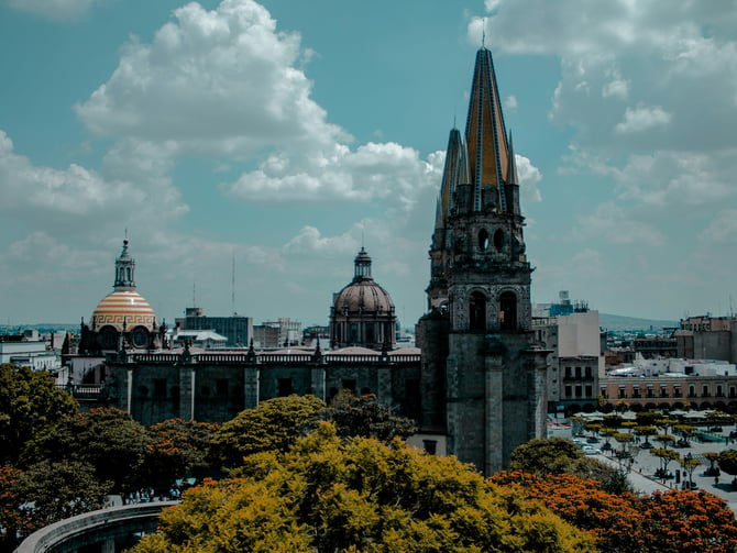 Guadalajara cathedral and historic center aerial view